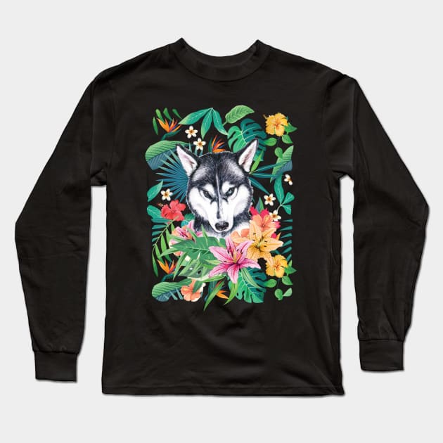 Tropical Siberian Husky 3 Long Sleeve T-Shirt by LulululuPainting